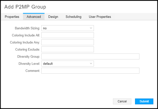 Add P2MP Group Window, Advanced Tab