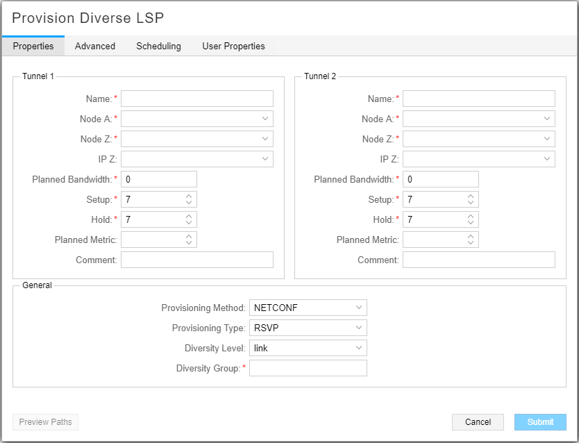 Provision Diverse LSP Window, Properties Tab