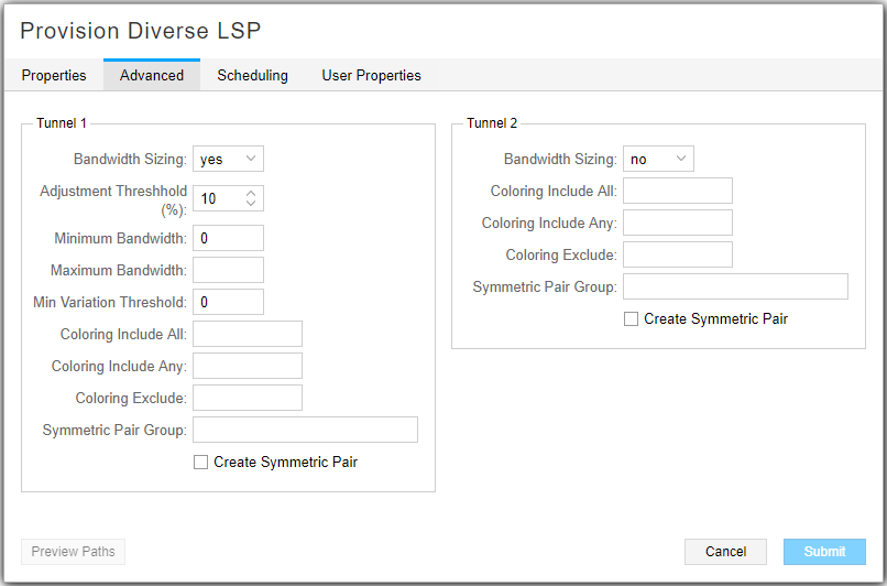 Provision Diverse LSP Window, Advanced Tab