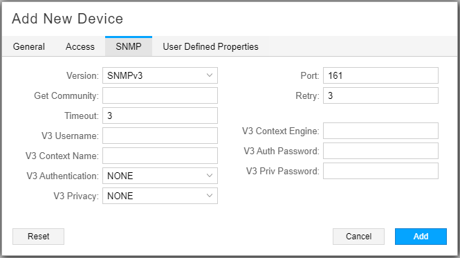 Add New Device Window SNMP Tab