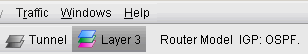 Menu bar with Traffic Windows Help; Tunnel and Layer 3 icons; Router Model IGP OSPF for network configuration.