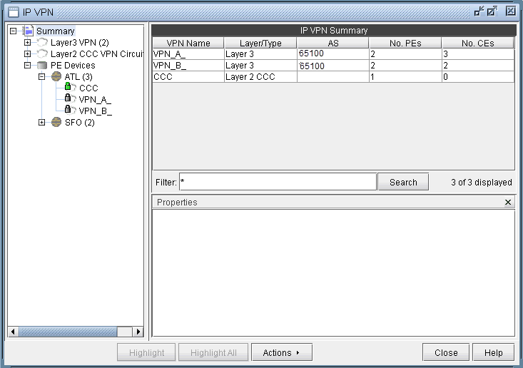 Screenshot of a network management interface for IP VPNs showing a summary of VPN configurations and details. The left panel lists VPNs and PE devices by location. The right panel displays a table with columns for VPN Name, Layer/Type, AS, No. PEs, and No. CEs. Filter and search options are available.