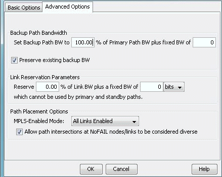 Advanced options tab showing network settings for MPLS, including backup path bandwidth, link reservation parameters, and path placement options.