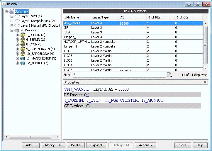 IP VPN Window’s Properties Box for a selected VPN