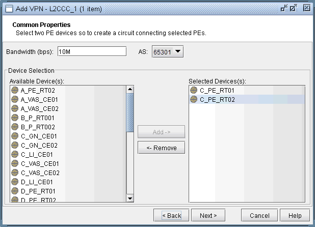 Choosing two PEs and specifying the circuit bandwidth