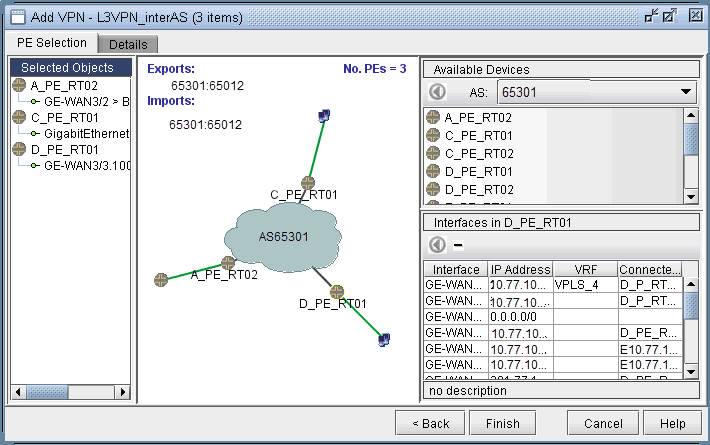 An inter-AS VPN being constructed, with three PEs from AS 65301 already added