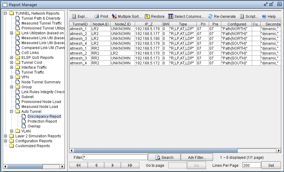 Discrepancy Report Showing Modeled Auto-Tunnels Not Generated by Routers