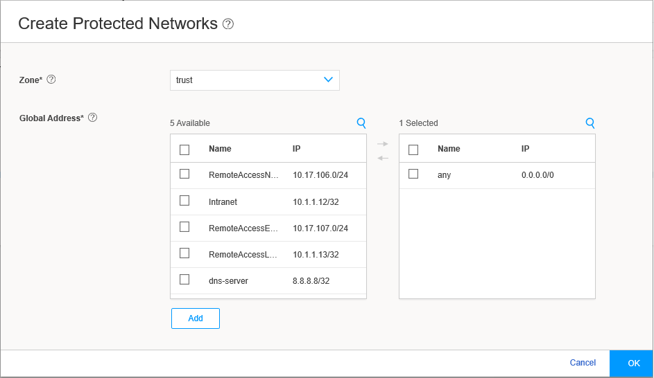 Create Protected Networks Page