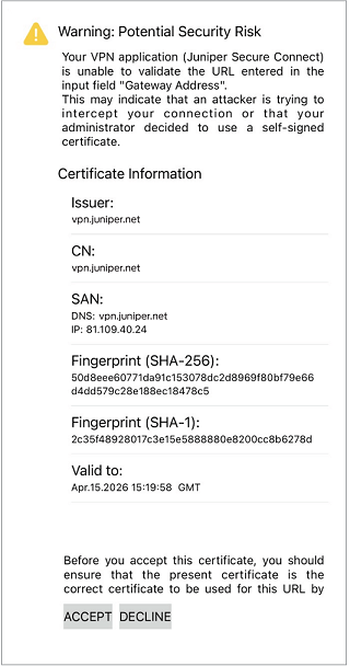 Warning Message when Application Cannot Validate Gateway Certificate (iOS)