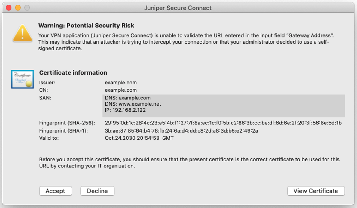 Sample Certificate Warning Message on macOS Platform